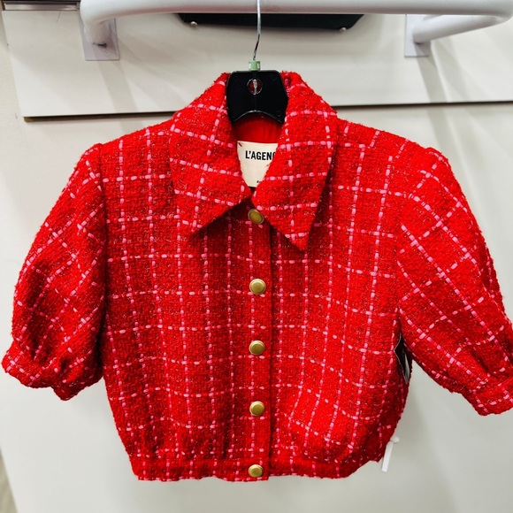 L'AGENCE Red and Pink Tweed Jacket with Gold Buttons - Picture 1 of 7